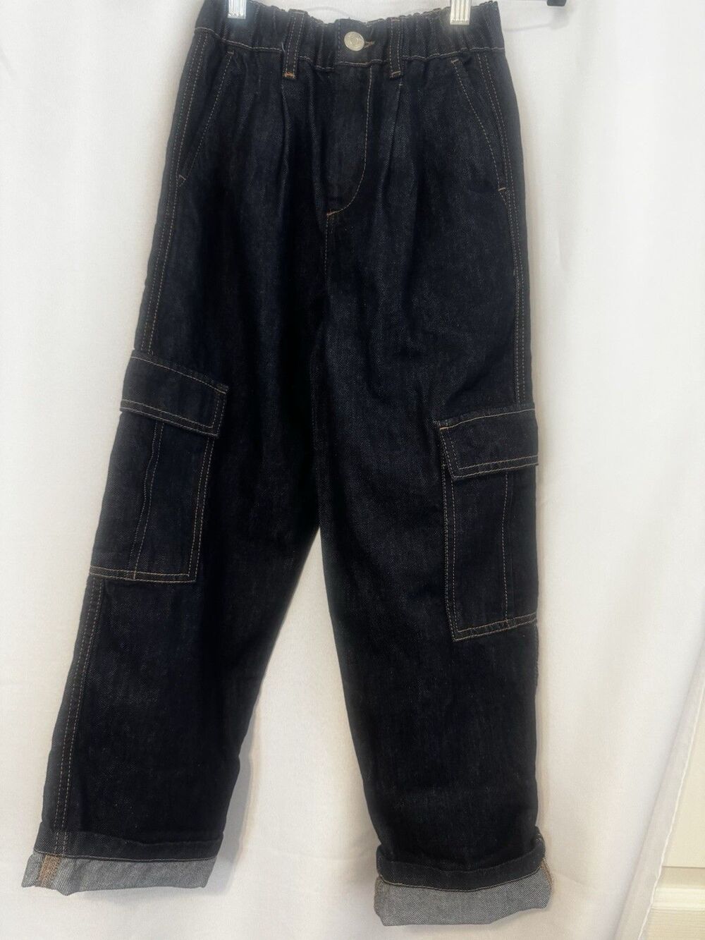 ZARA Girls Cargo Jeans Dark Blue Size 10 100% Cotton Denim Elastic Waist